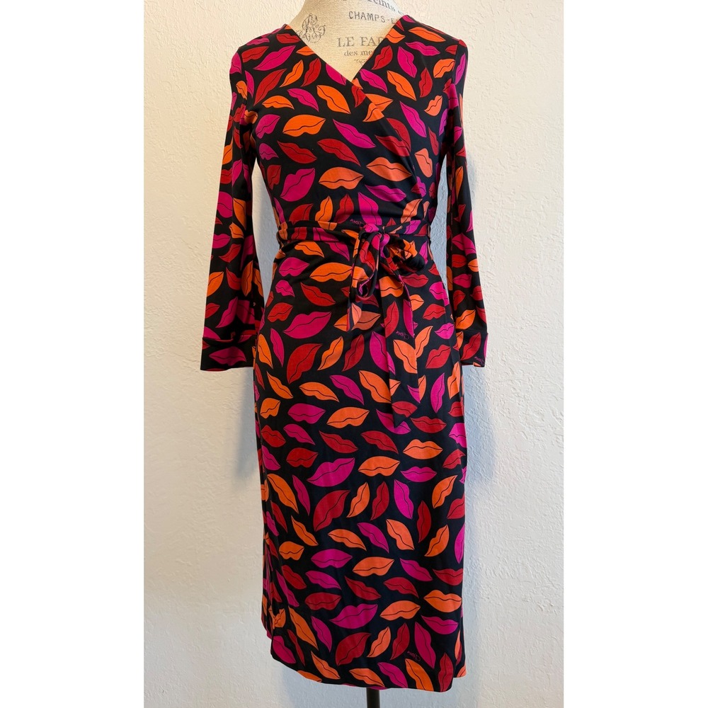 Diane von Furstenberg Lip Print Wrap Dress Black Pink Orange Red Size 6